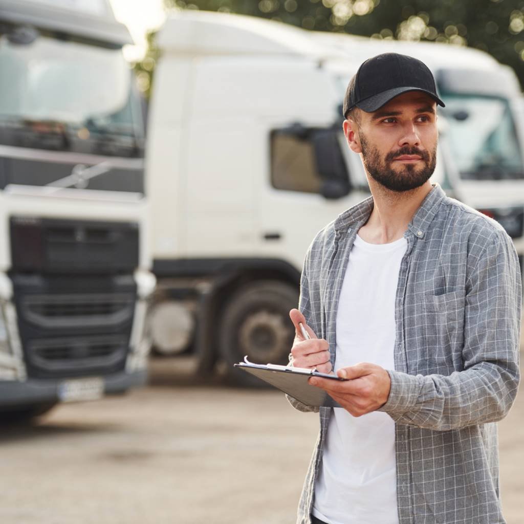 Řidič nákladního automobilu s poznámkovým blokem